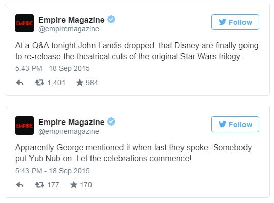 empire magazine john landis star wars tweet